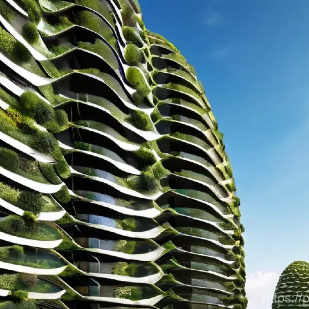 자연 형태 디자인의 국제적 사례 연구 - **Biomimetic Oasis Skyscraper:** A stunning, futuristic skyscraper stands tall in a vibrant, modern ...