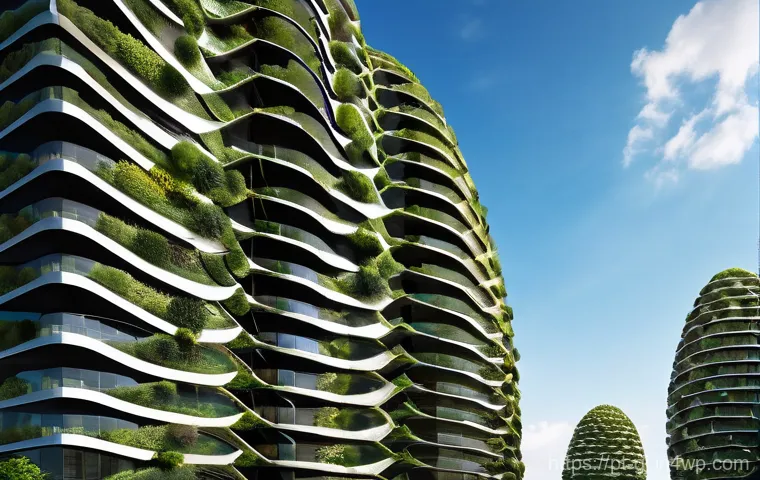 자연 형태 디자인의 국제적 사례 연구 - **Biomimetic Oasis Skyscraper:** A stunning, futuristic skyscraper stands tall in a vibrant, modern ...