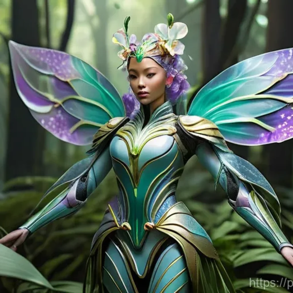 자연 형태에서 영감을 받은 캐릭터 디자인 기법 - **Prompt: Orchid Warrior Fairy:**
A full-body image of an elegant warrior fairy, mid-action, ins...