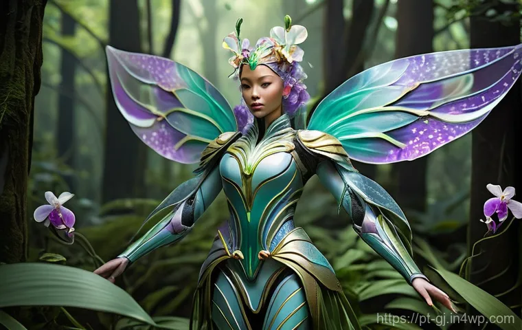 자연 형태에서 영감을 받은 캐릭터 디자인 기법 - **Prompt: Orchid Warrior Fairy:**
A full-body image of an elegant warrior fairy, mid-action, ins...