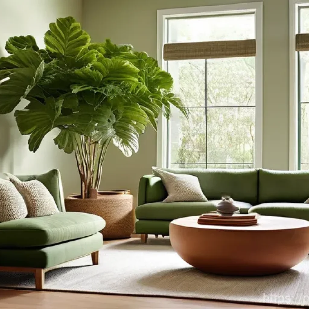 자연 형태의 요소를 반영한 스토리텔링 디자인 - **A Serene Biophilic Living Room Bathed in Natural Light**
    A spacious, sun-drenched living room ...