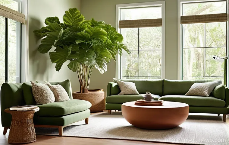 자연 형태의 요소를 반영한 스토리텔링 디자인 - **A Serene Biophilic Living Room Bathed in Natural Light**
A spacious, sun-drenched living room ...