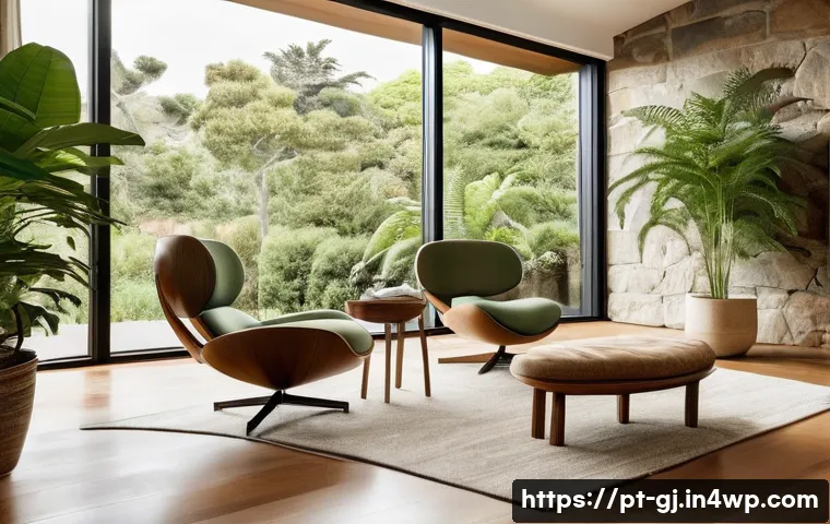 유기적 디자인을 위한 자연 형태의 원리 - A cozy, modern living room interior showcasing smooth, organic curves in furniture and architecture,...