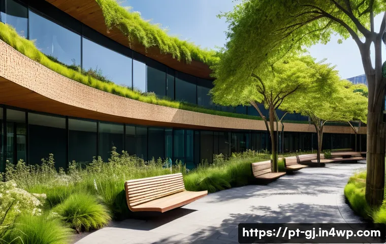 자연 형태 디자인의 지속 가능성에 대한 연구 - A modern urban park designed with biomimetic architecture featuring smooth, flowing curves inspired ...