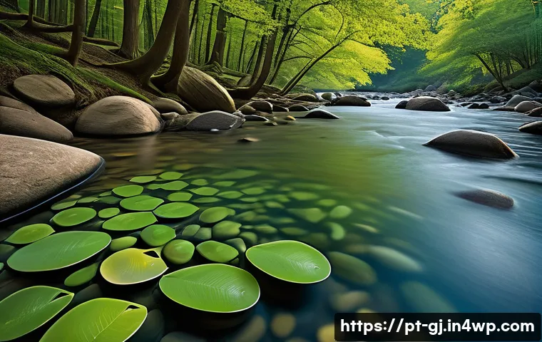 자연 형태 디자인을 위한 효과적인 브레인스토밍 - A serene natural park scene featuring a diverse collection of organic forms: gently curved leaves, t...