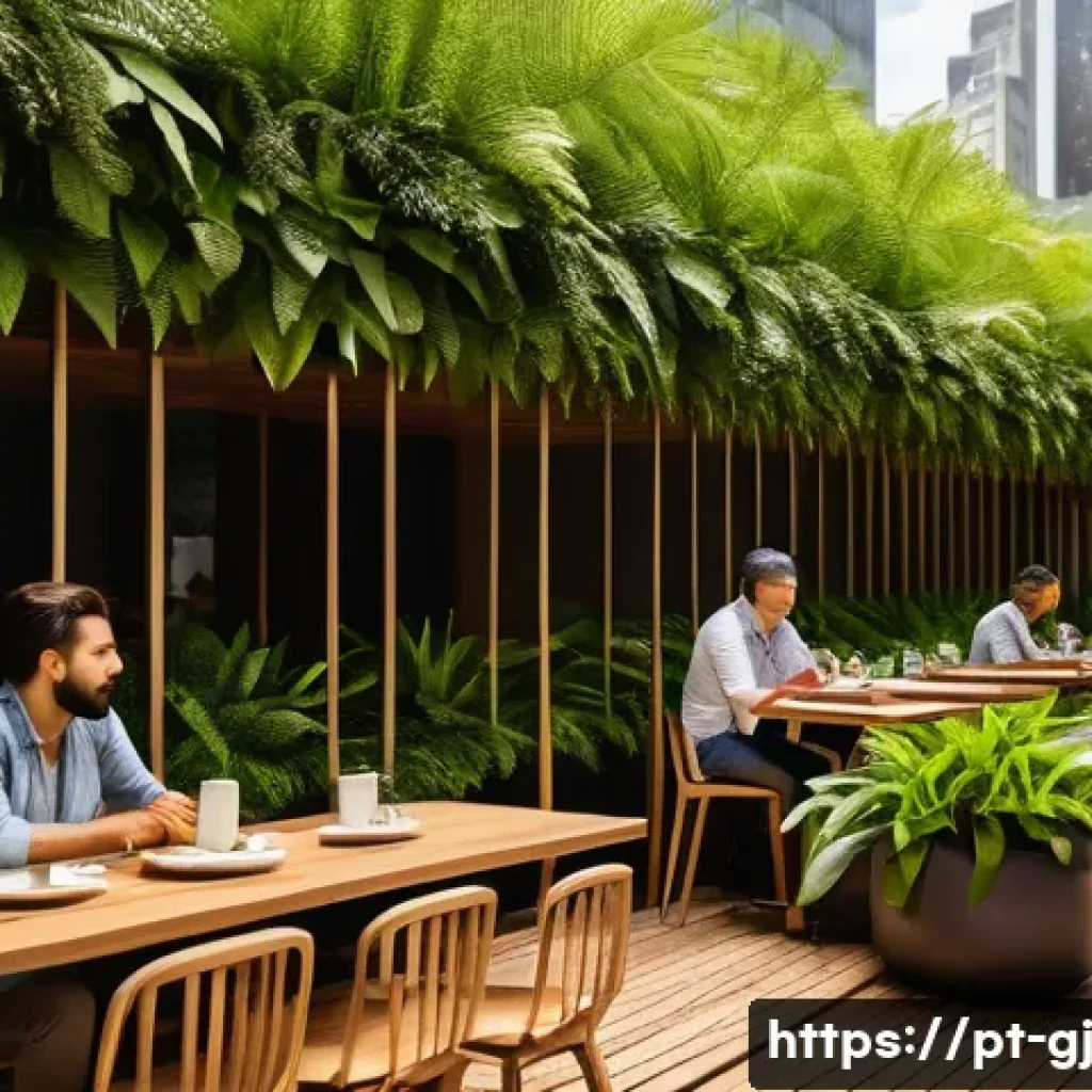 자연 형태를 활용한 광고 캠페인 디자인 - A serene outdoor café scene in São Paulo featuring a modern biofilic design with lush vertical garde...