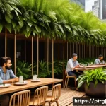 Home 20 자연 형태를 활용한 광고 캠페인 디자인 - A serene outdoor café scene in São Paulo featuring a modern biofilic design with lush vertical garde...