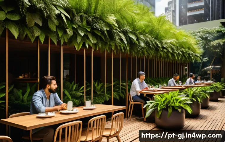 자연 형태를 활용한 광고 캠페인 디자인 - A serene outdoor café scene in São Paulo featuring a modern biofilic design with lush vertical garde...