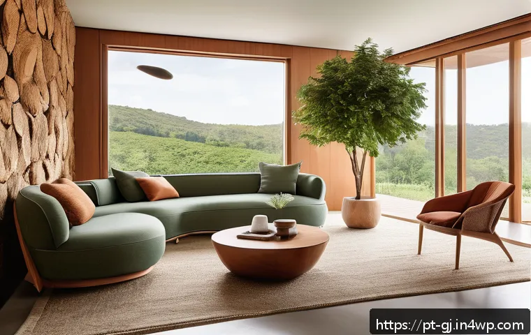 자연 형태 디자인의 아이디어 확장 방법 - A cozy interior living room featuring furniture with smooth organic curves inspired by natural forms...